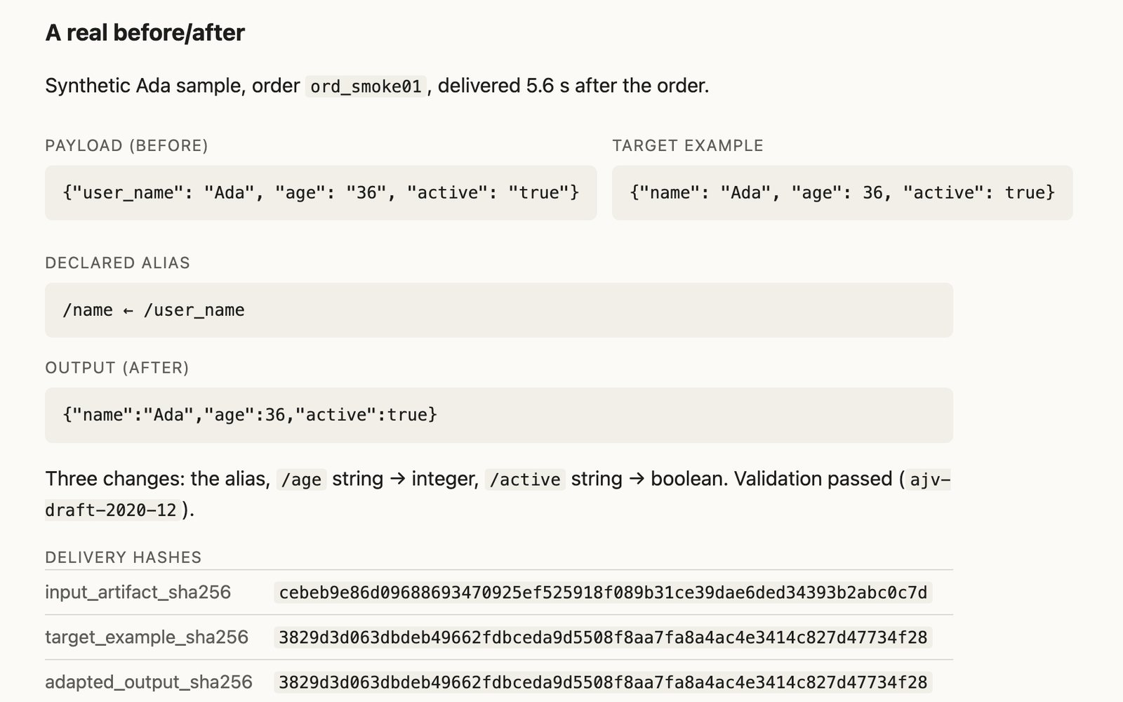 A payload, the target example, the declared alias, the converted output, and the delivery hashes